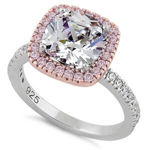 Sterling Silver Two-Tone Cushion Cut Ring–Rose Gold-Plated w/Clear & Pink CZ